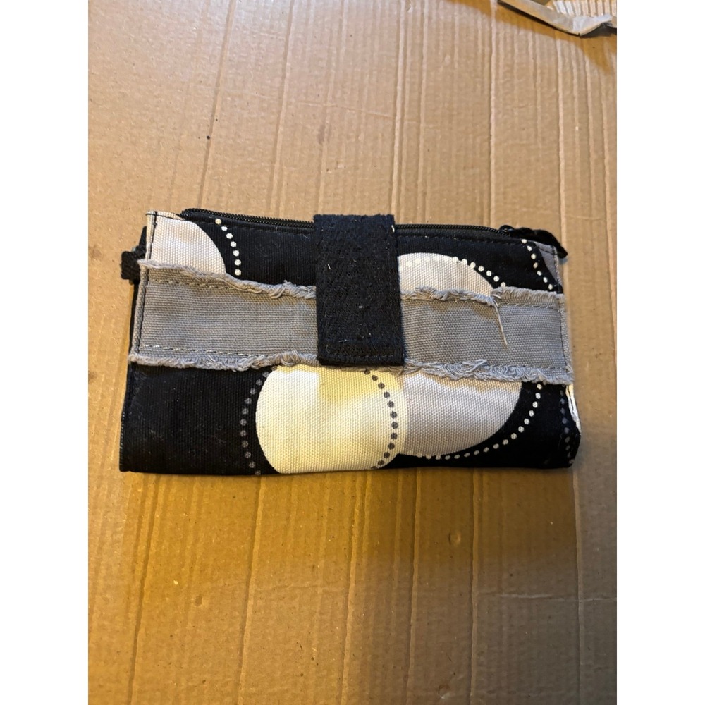 Thirty One Blessed Black & Gray Polka Dot Wallet With Snap Closure & Zip Pockets